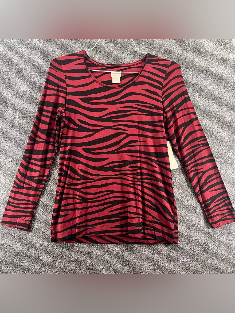 Chico's Zebra Print Top Womens Small Burgundy Black Knit Long Sleeve Scoop Neck